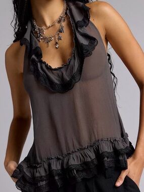 Ecote Urban Outfitters Lacey Halter Ruffle Tank Top Grey Black Whimsigoth Small